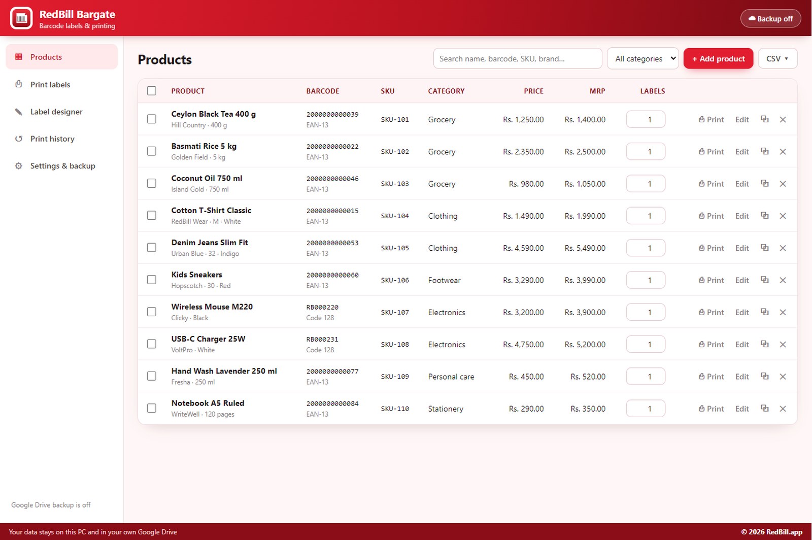 RedBill Bargate product list with barcodes, prices and label quantities