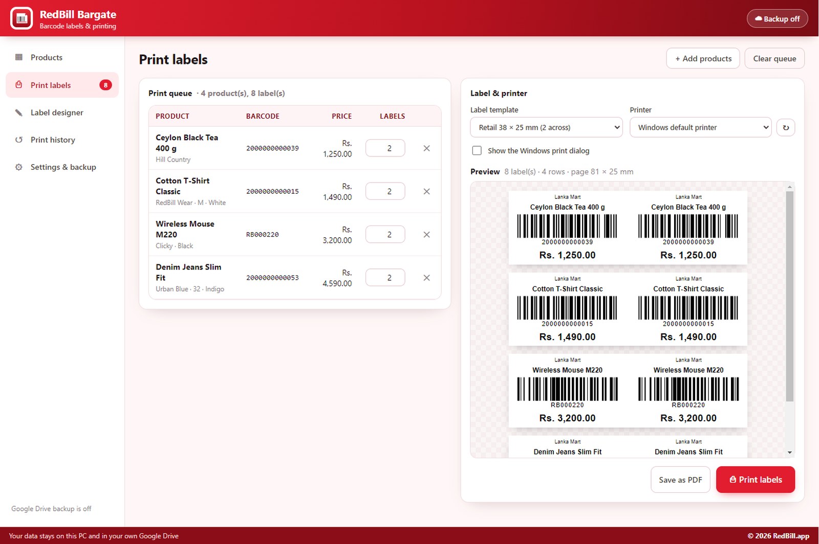 Print screen with a two-across label roll preview