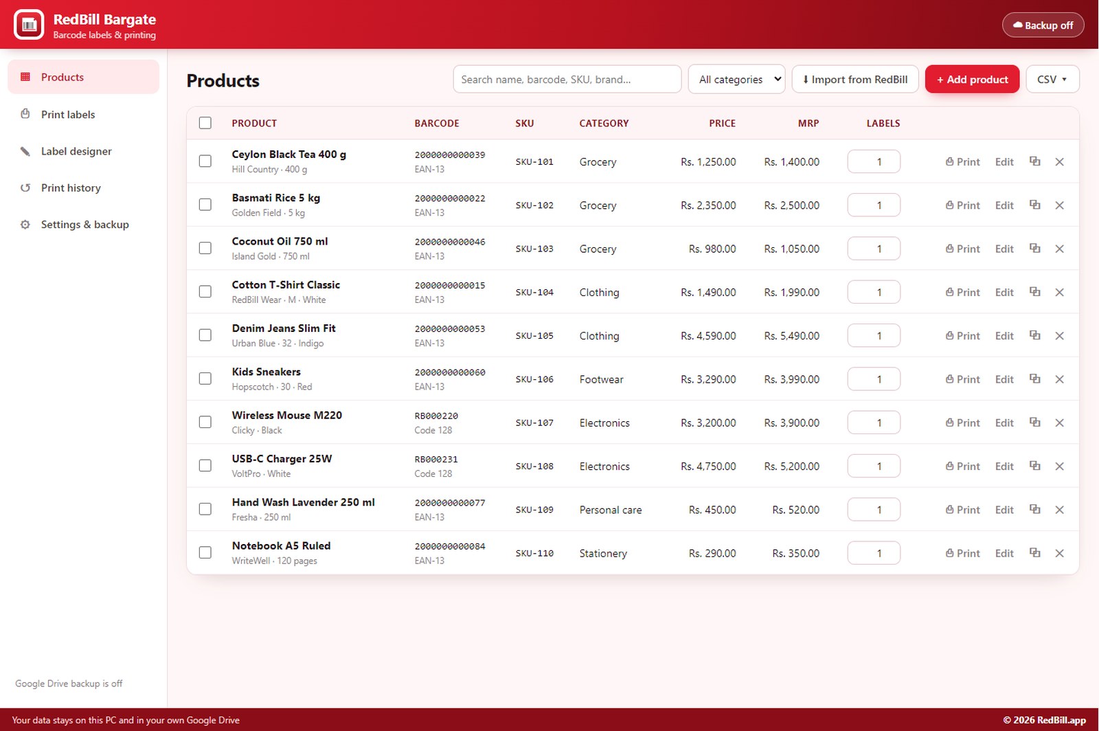 RedBill Bargate product list with barcodes, prices and label quantities