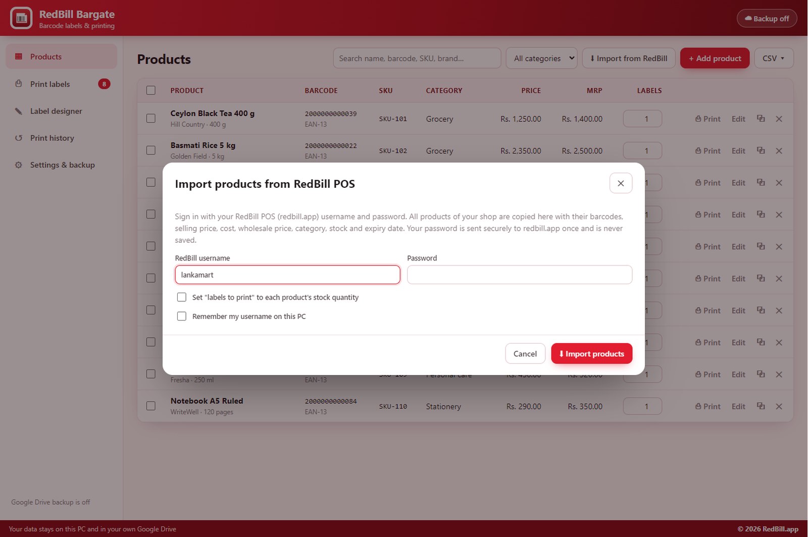 Import products from RedBill POS sign-in