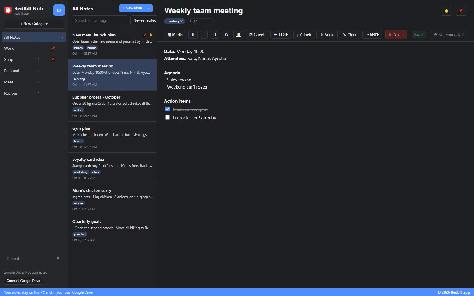RedBill Note in the dark theme showing meeting notes with an action-item checklist