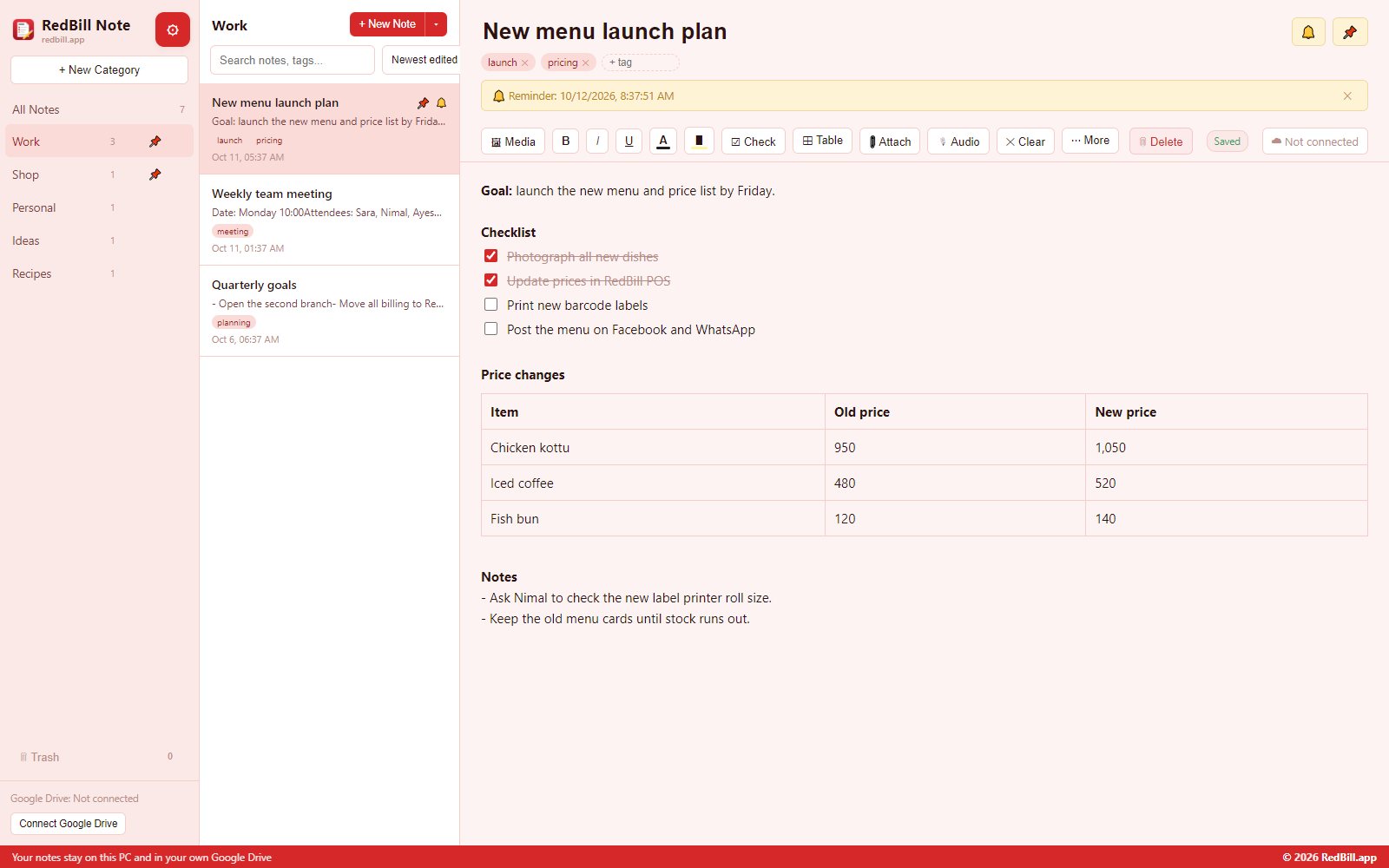 RedBill Note notes app for Windows showing categories, a note list and a formatted note