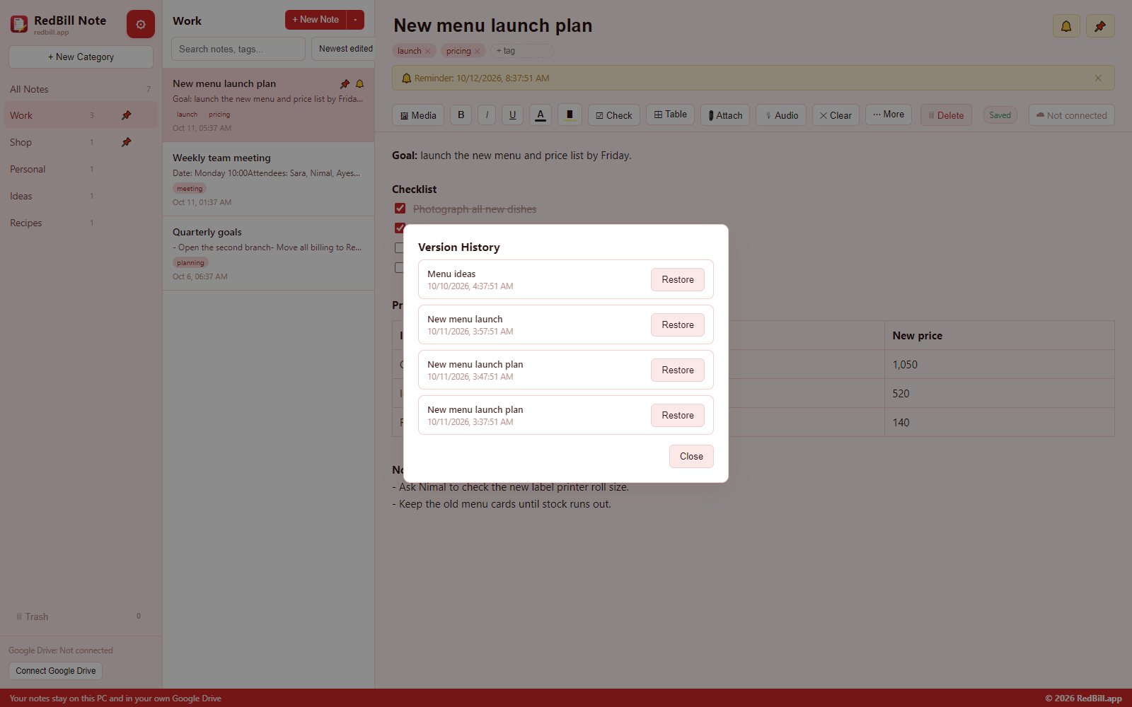 RedBill Note version history window listing earlier versions of a note with Restore buttons