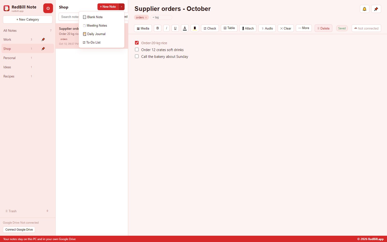 RedBill Note new-note template menu with Meeting Notes, Daily Journal and To-Do List