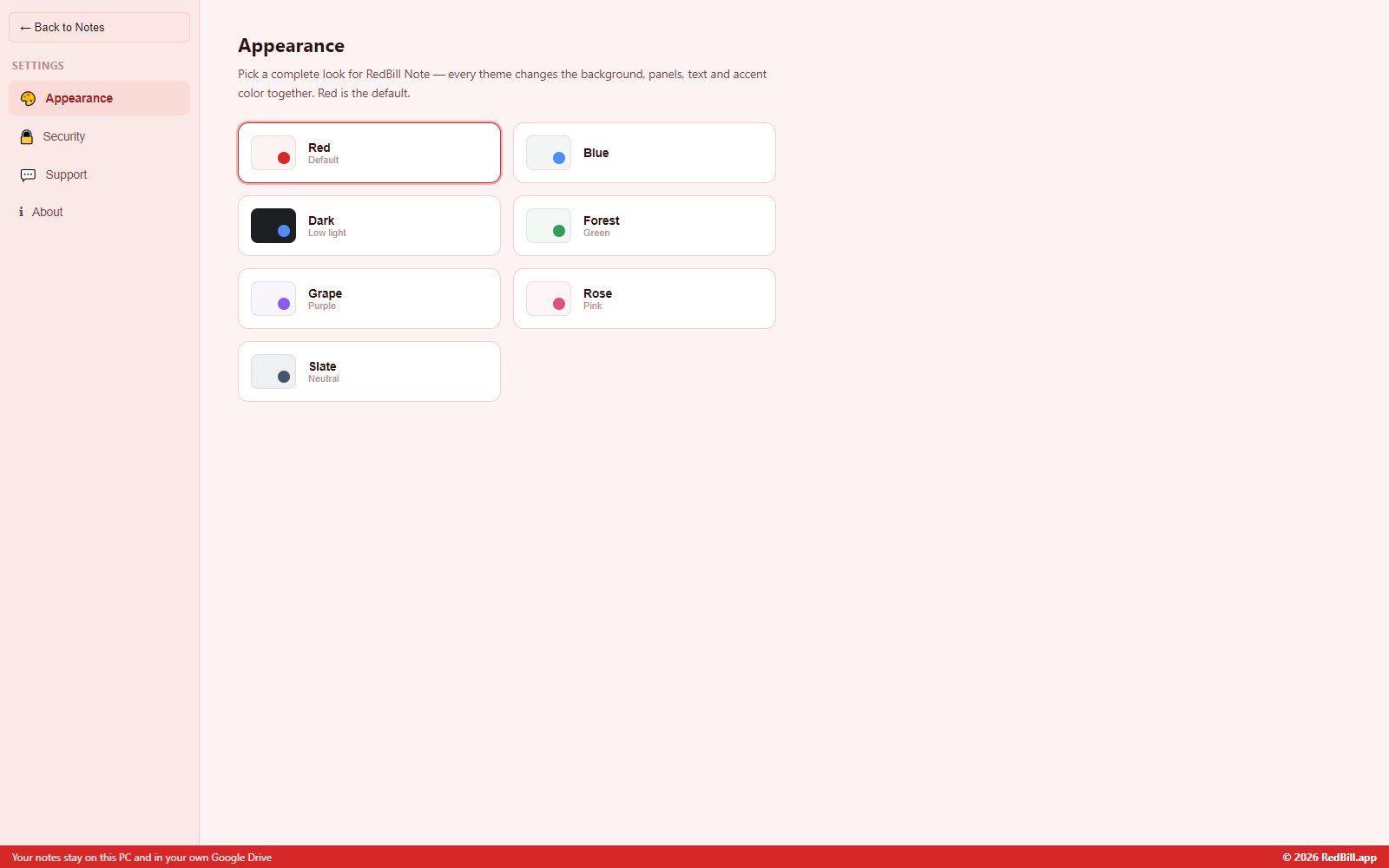 RedBill Note appearance settings with seven colour themes