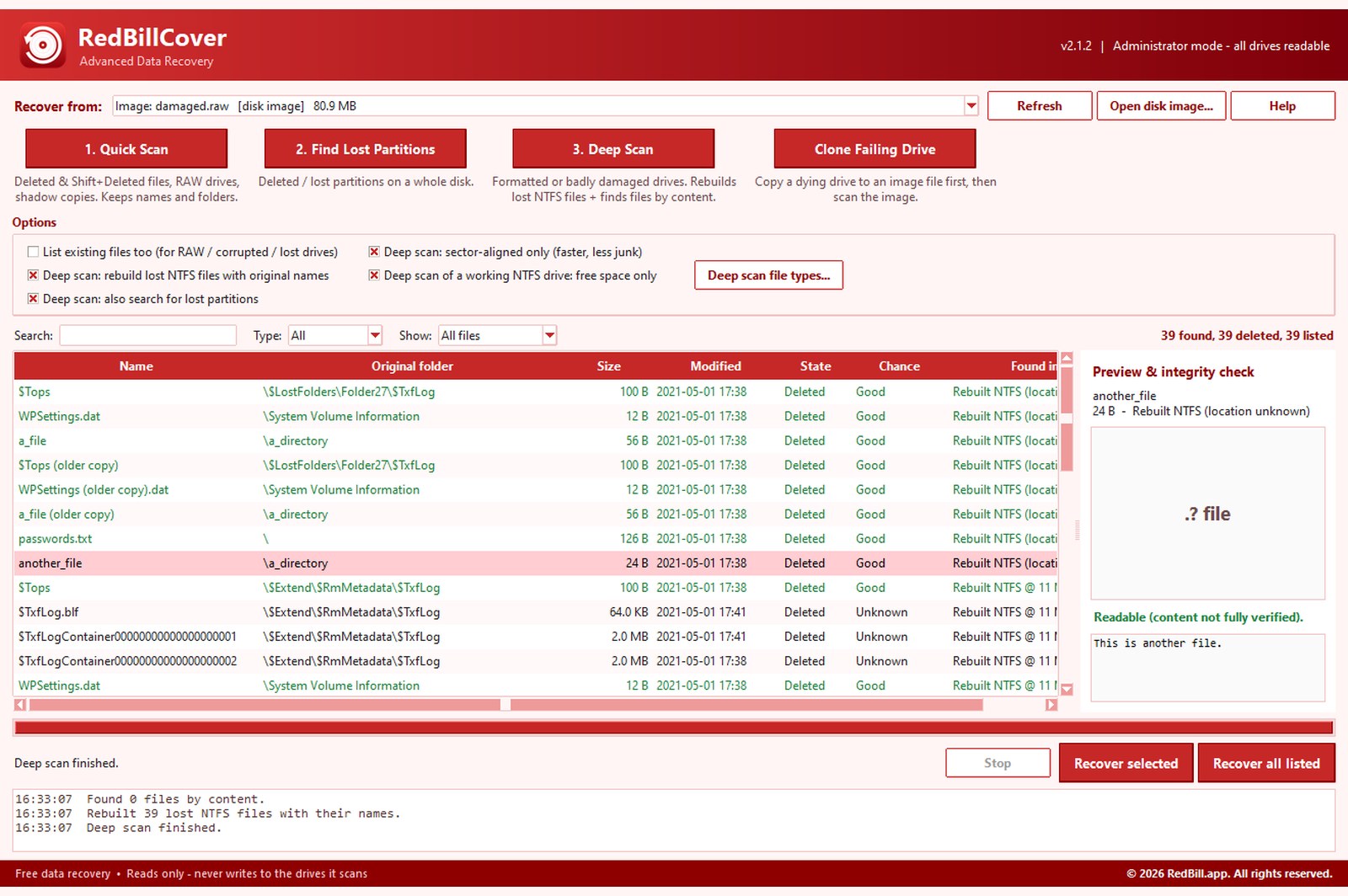 Deep Scan rebuilding lost files with their original names and folders