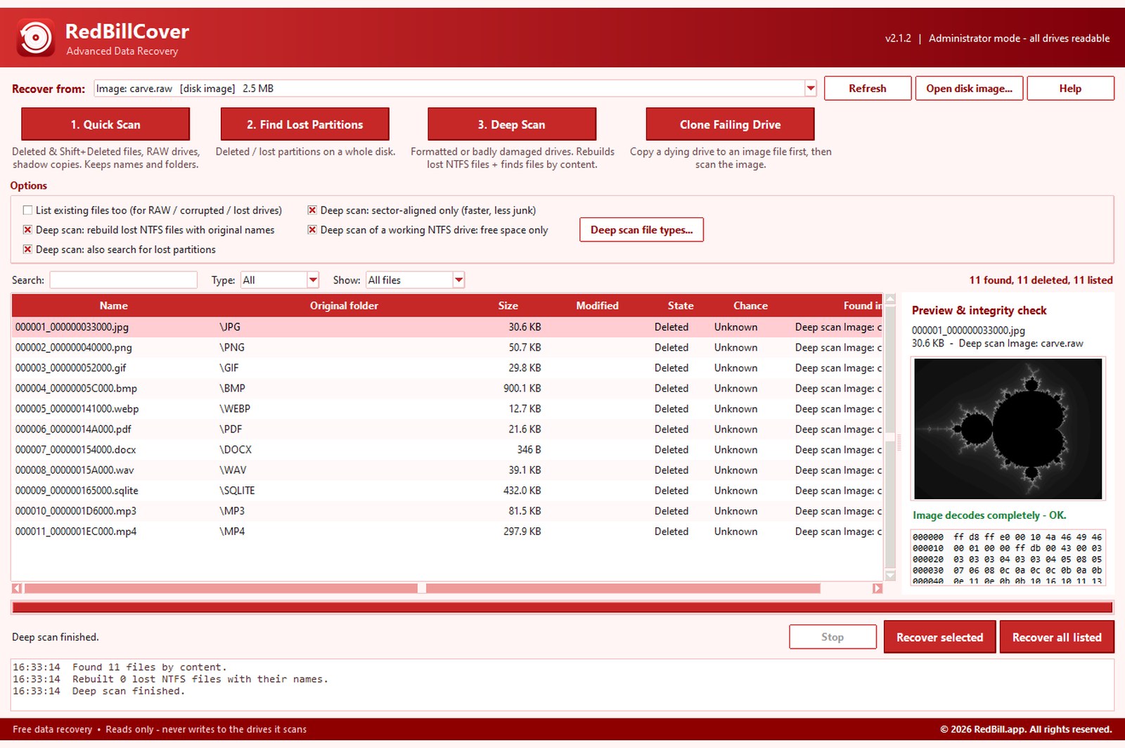RedBillCover recovering photos, documents and videos, with an image preview and integrity check